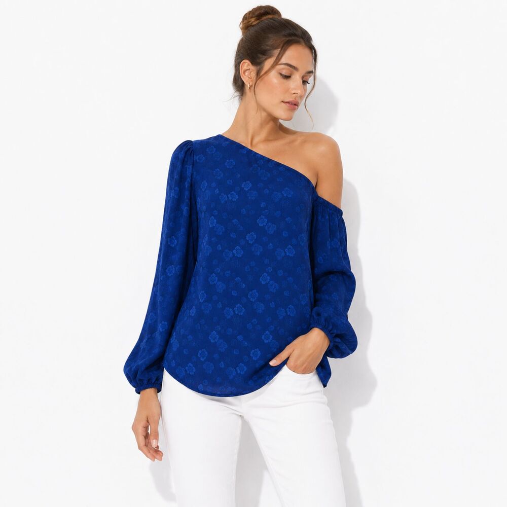 Lucy Paris Blue Off Shoulder Blouse Boho Chic Floral Textured Top Flow Casual L